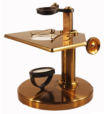 A gold microscope with a round lens
Description automatically generated with medium confidence